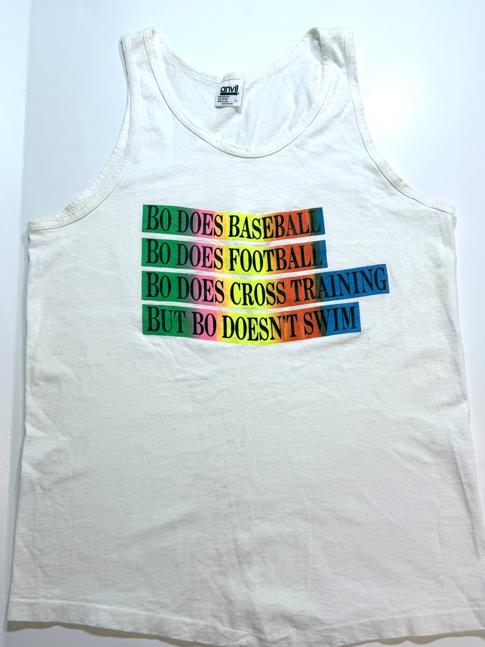 Vtg. Bo Jackson Does..... Bo Jackson White Tank Shirt w/Rainbow Screen Print L